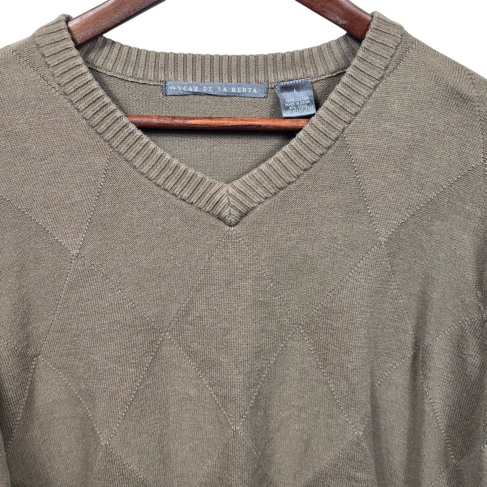 Oscar de la Renta Mens V-Neck Classic Sweater Brown Argyle Textured Cotton‎  L